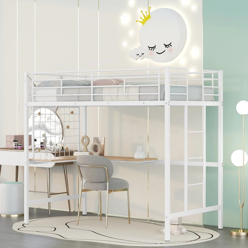 White Twin Size Metal Loft Bed with Desk, Ladder and Metal Grid for Kids, Teens, Girls, Boys