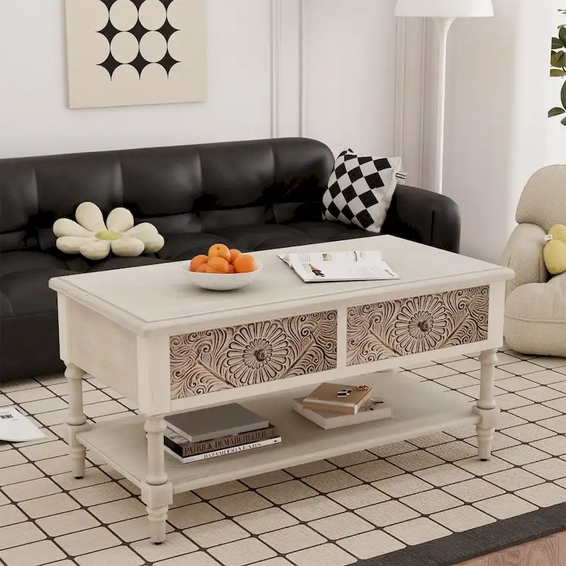 Rectangular Coffee Table, 2 Drawers & Open Shelf, MDF with Veneer, Flower Pattern, 39.2