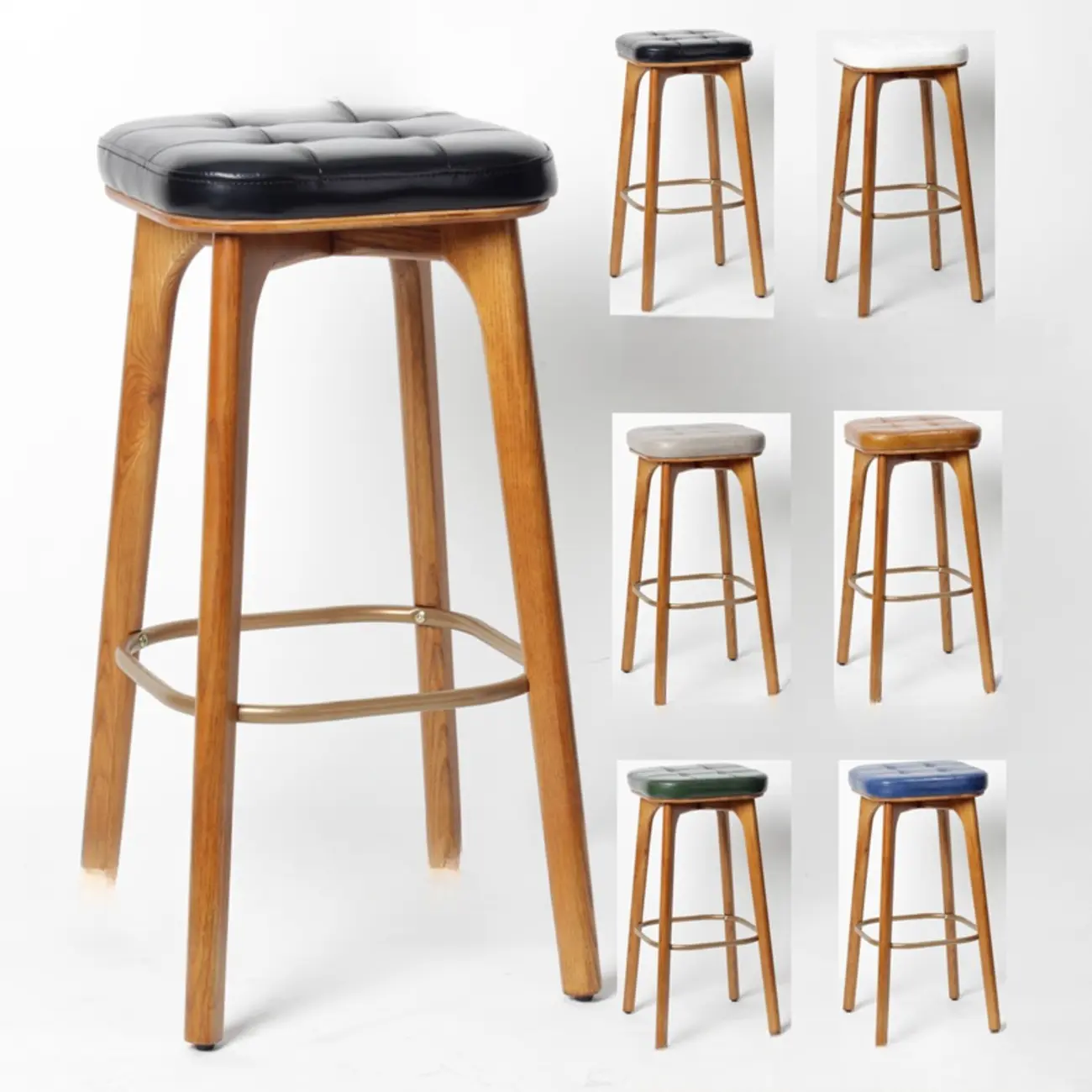 Scandinavian Wood Tufted Leatherette Bar Stools Backless
