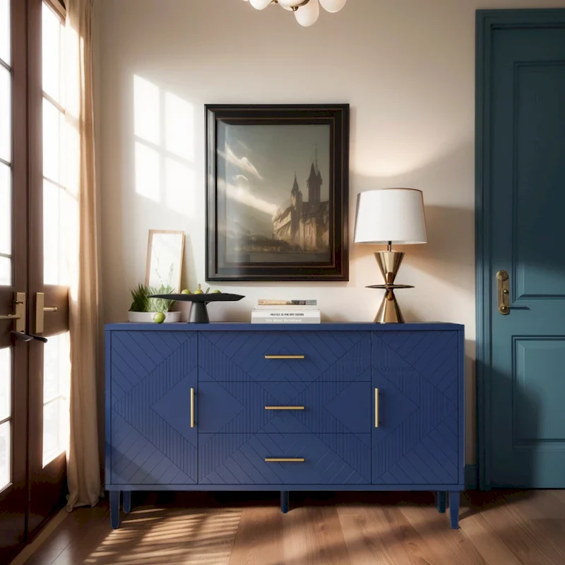 Navy Blue Sideboard Cabinet with 2 Doors, 3 Drawers & Carved Effect, Curved Top