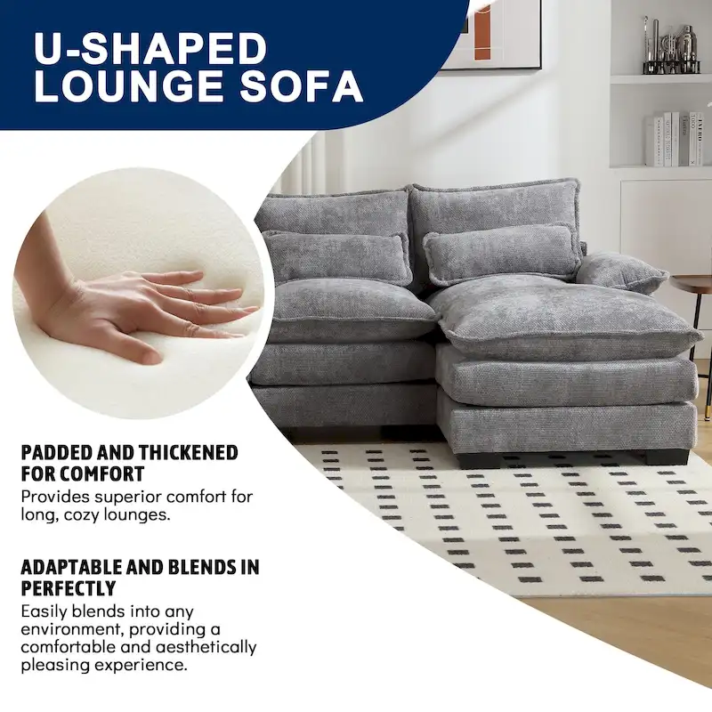 Chenille Upholstered U-Shaped Living Room Sectional Sofa With Wooden Legs