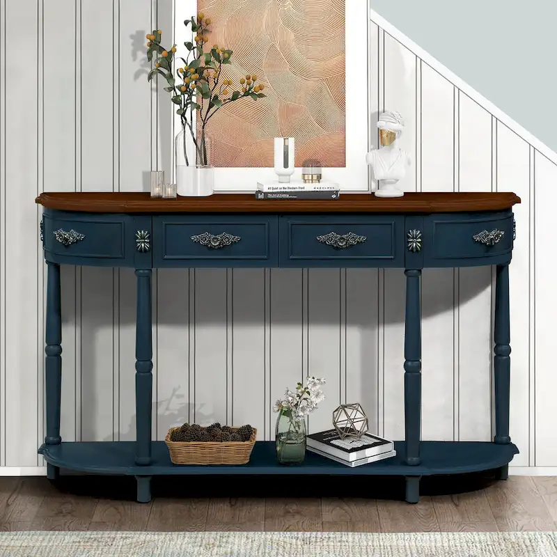 52 inch Circular Half Moon Sofa Table with Open Shelf and 2 Drawers