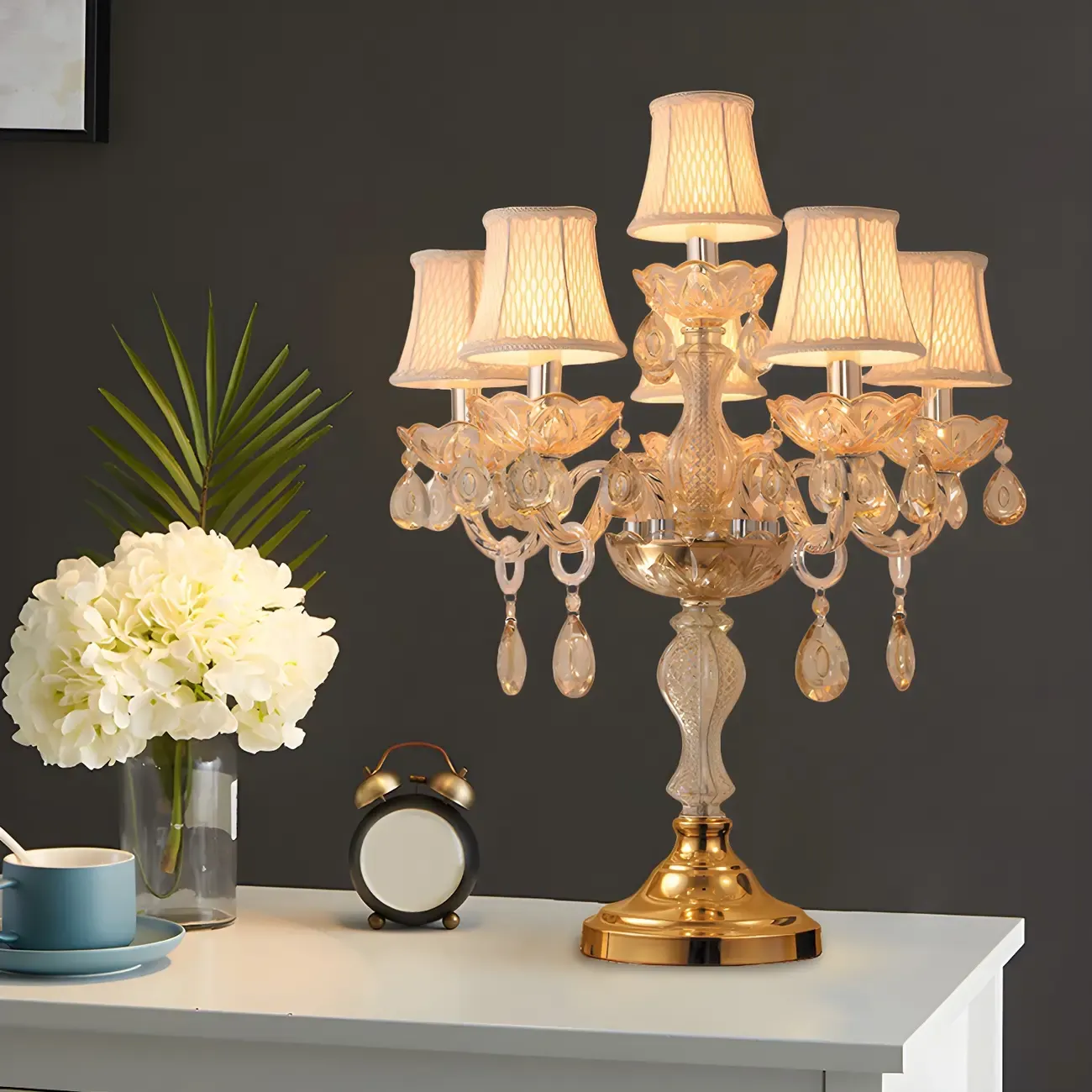 Luxury Gold Multi-Light Crystal Candelabra Table Lamp