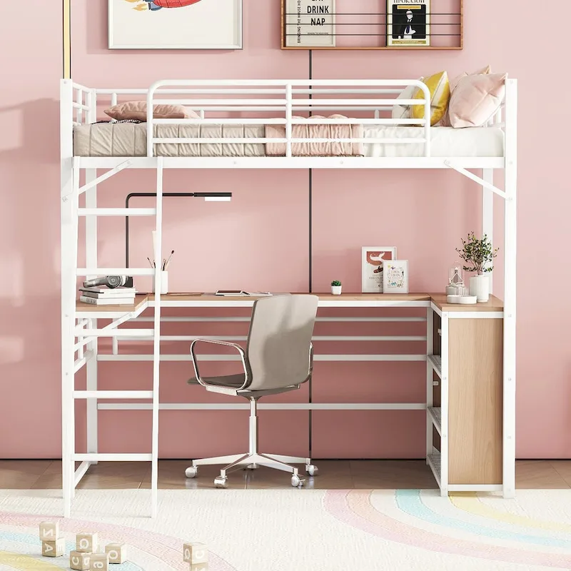 Metal Loft Bed with L-shaped Desk and 3 Layers of Shelves, Reversible Ladder
