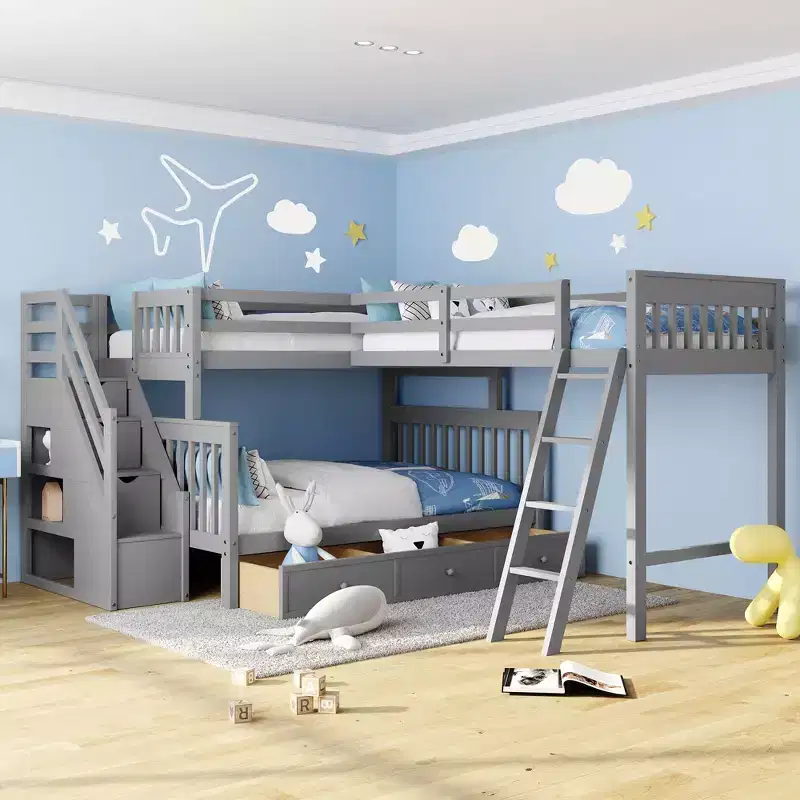 Stylish Design Twin over Full L-Shaped Bunk Bed With 3 Drawers, Ladder and Staircase