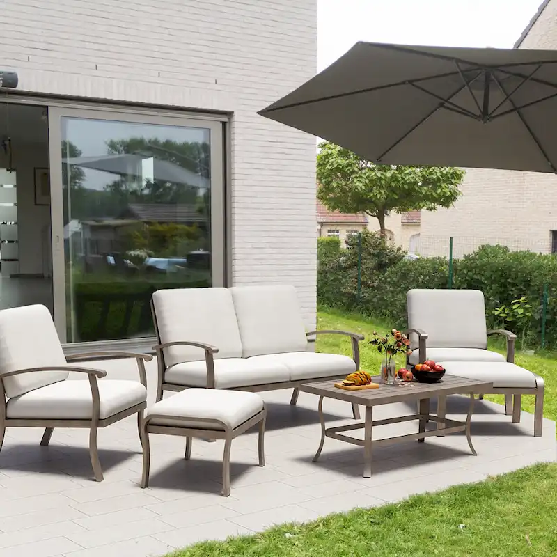 6-Piece Aluminum Patio Conversation Set with Coffee Table, Loveseat, Ottoman and Light Gray Cushions