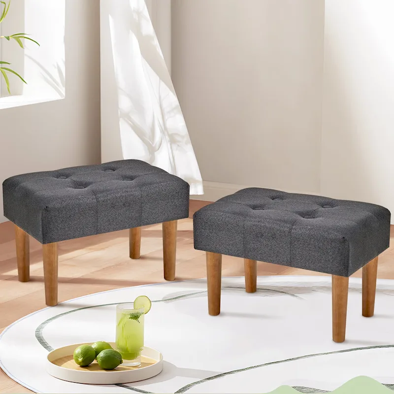 2 Pcs Small Foot Stool Ottoman, Linen Ottoman Foot Rest with Legs, Rectangle Upholstered Footrest