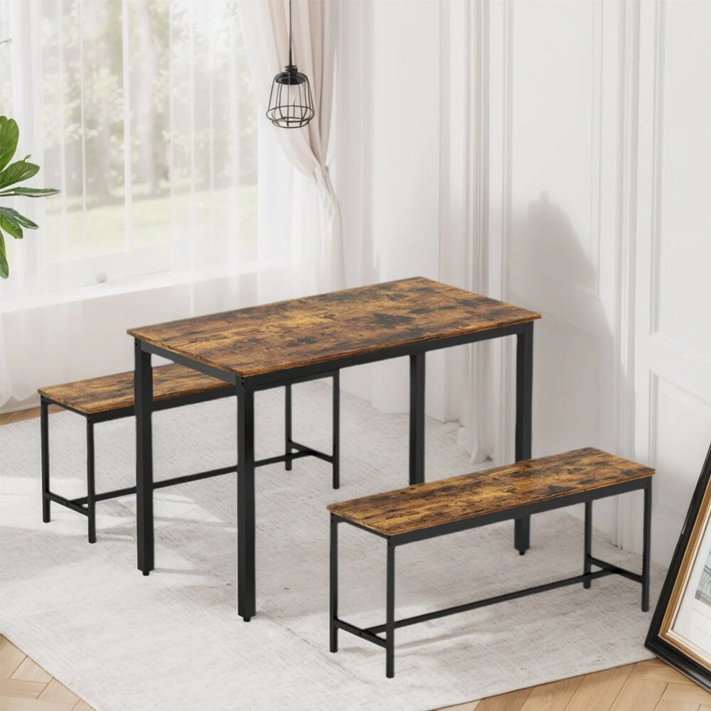 Dining Table Set, Wood Bar Table Set, Kitchen Table w/2 Benches - 3-Piece