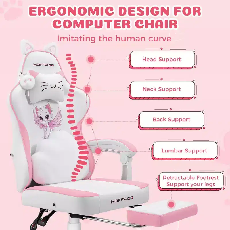 Hoffree Cute Pink Gaming Chair Girls Ergonomic Desk Chair with Footrest & Massage Lumbar