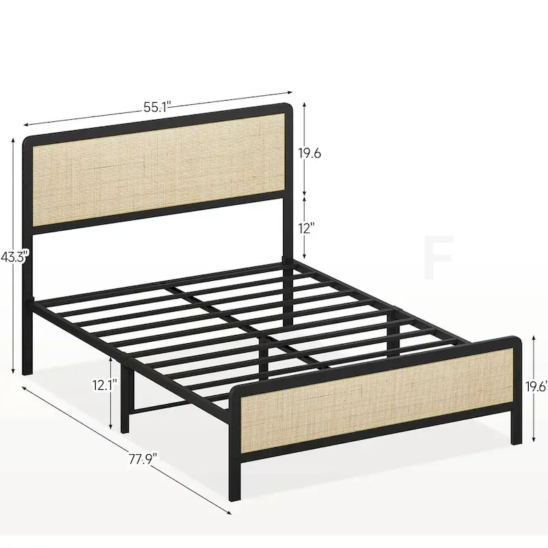 Bed Frame with Rattan Headboard, No Box Spring Needed