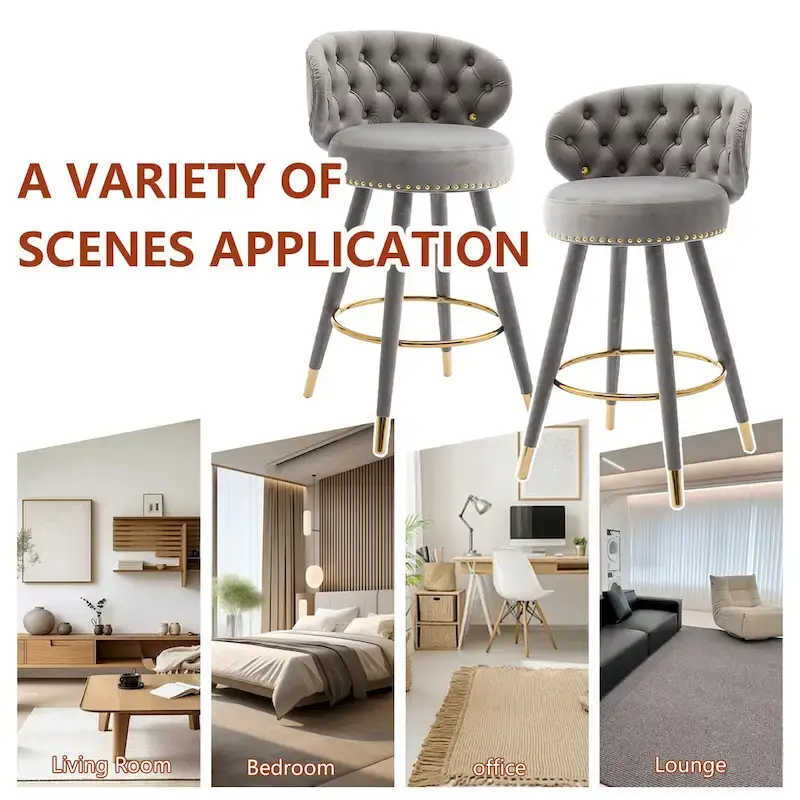 Velvet Upholstered 360 Degree Swivel Tufted Bar Stools with Golden Footrest(set of 2)