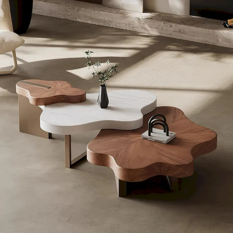 Modern Stylish Cloud Shape Solid Wood Coffee Table Set 3 Nesting Tables