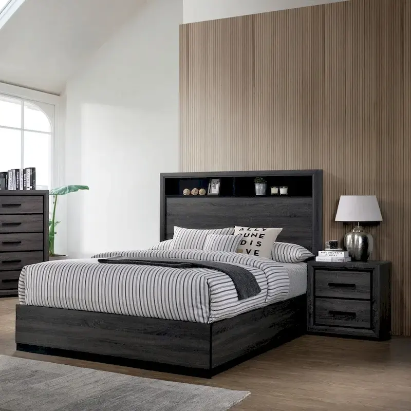 Rothwell Contemporary Grey Wood 3-Piece Panel Bedroom Set with Shelves by Furniture of America