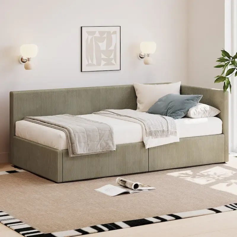 Vertical Striped Corduroy Upholstered Frame Daybed with 2 Storage Drawers, Twin Size Corner Sofa Bed Frame, L Shape Captain Bed