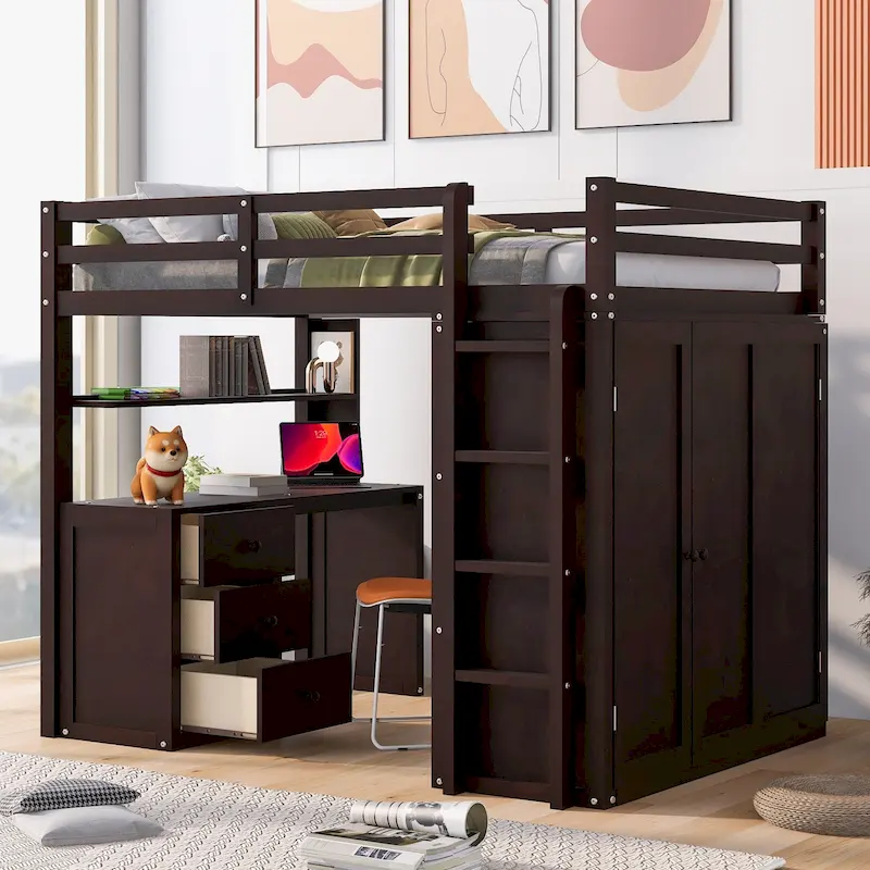 Full size Loft Bed with Drawers,Desk,and Wardrobe