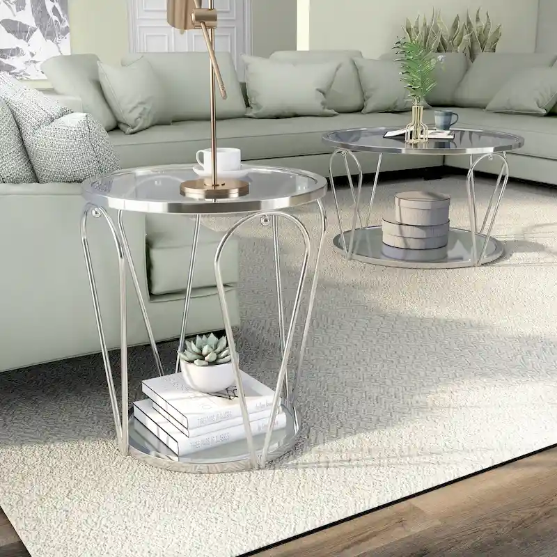 Gable Glam 2-Piece Glass Top Coffee Table Set with Shelf by Furniture of America