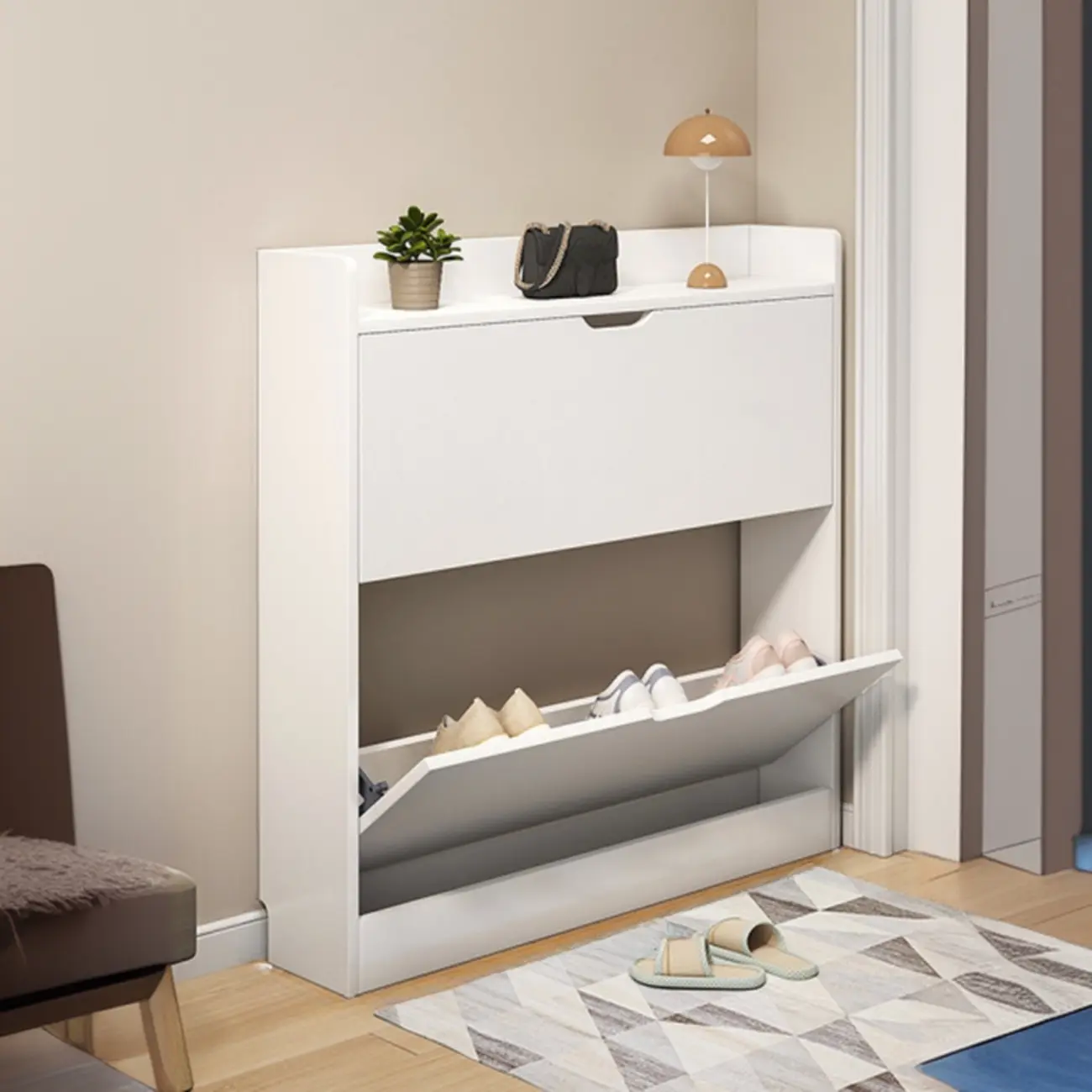 Entryway Modern Wood Shoe Cabinet with Flip-Out Drawer