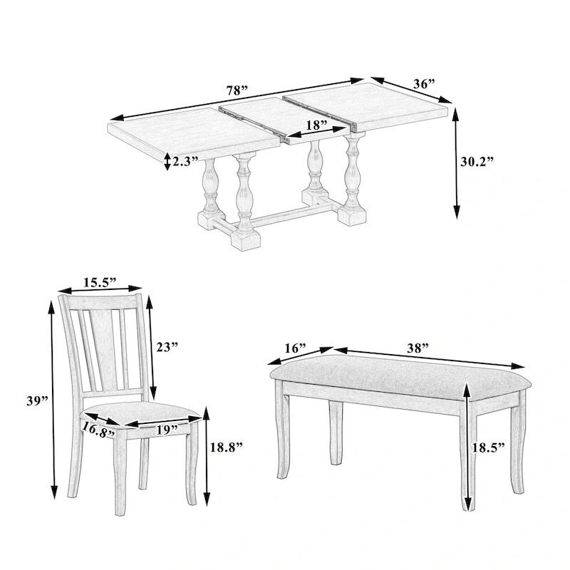 6-Piece Traditional Dining Set with Extendable Table & Chairs