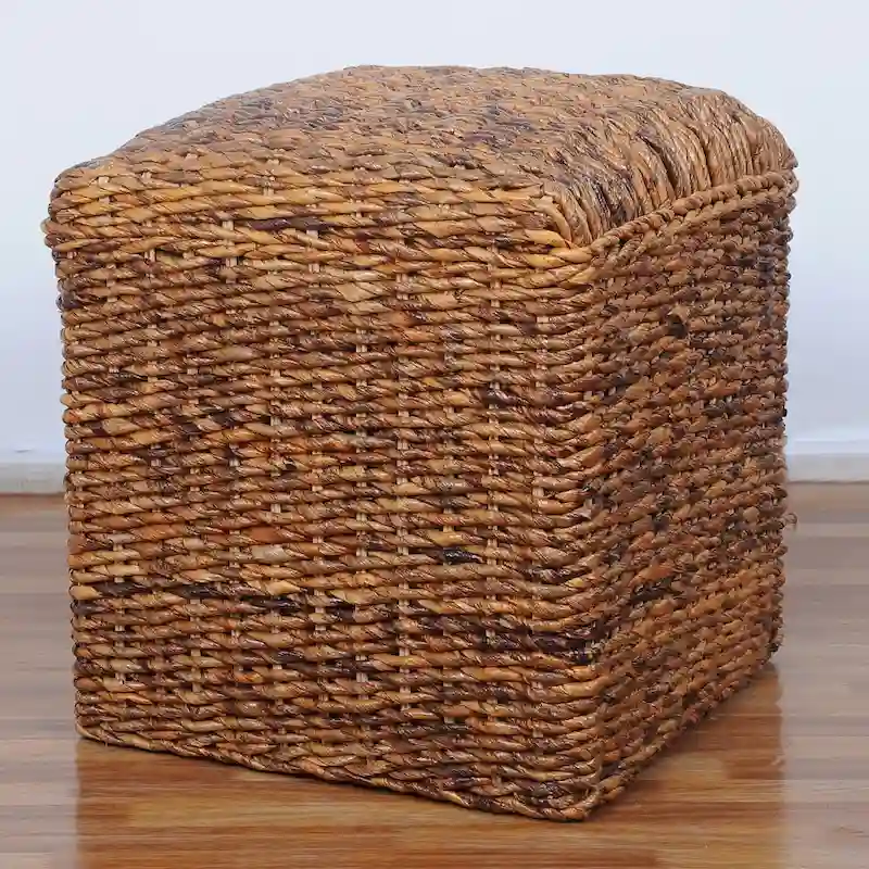 Square Hand-Woven Abaca Ottoman with Cushioned Top – Brown, Wicker, Single