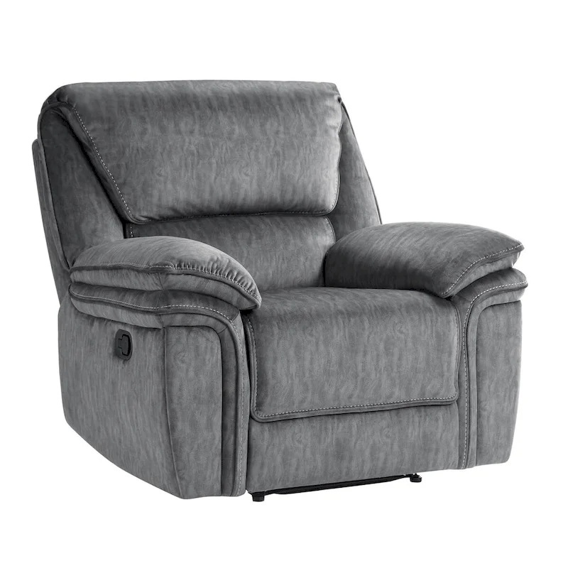 Muir 38 Inch Manual Recliner Chair, Tufted Back Gray Microfiber, Solid Wood