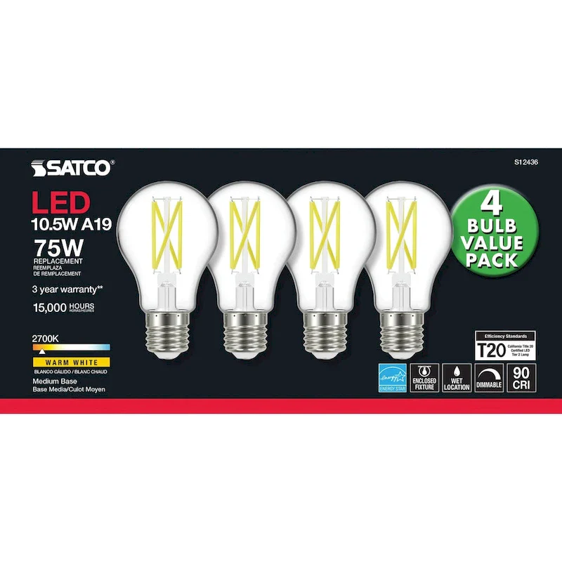 10.5 Watt A19 LED 75 Watt Replacement Clear Medium base 2700K 120 Volt 4-Pack