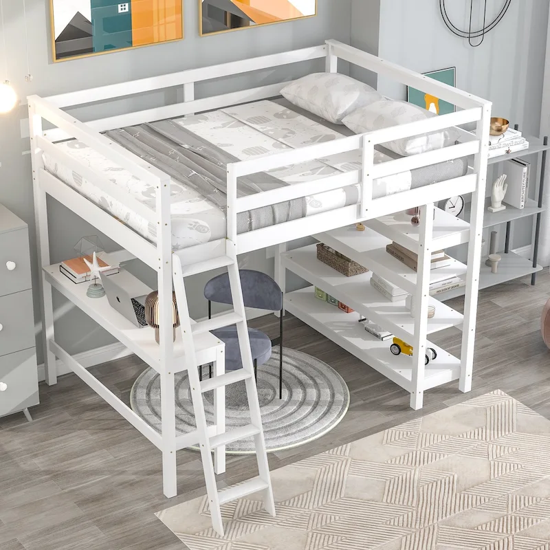 Loft Bed Full with Storage Desk Ladder and Shelves White