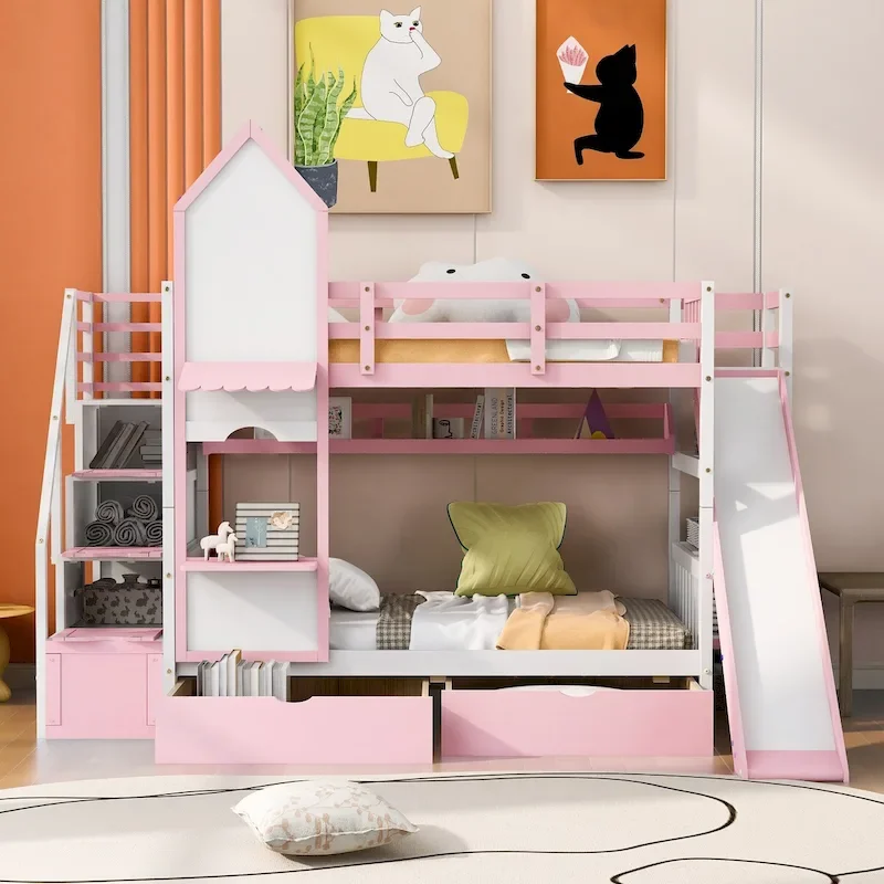 Twin-Over-Twin Castle Style Bunk Bed with Drawers,Shelves,Slide