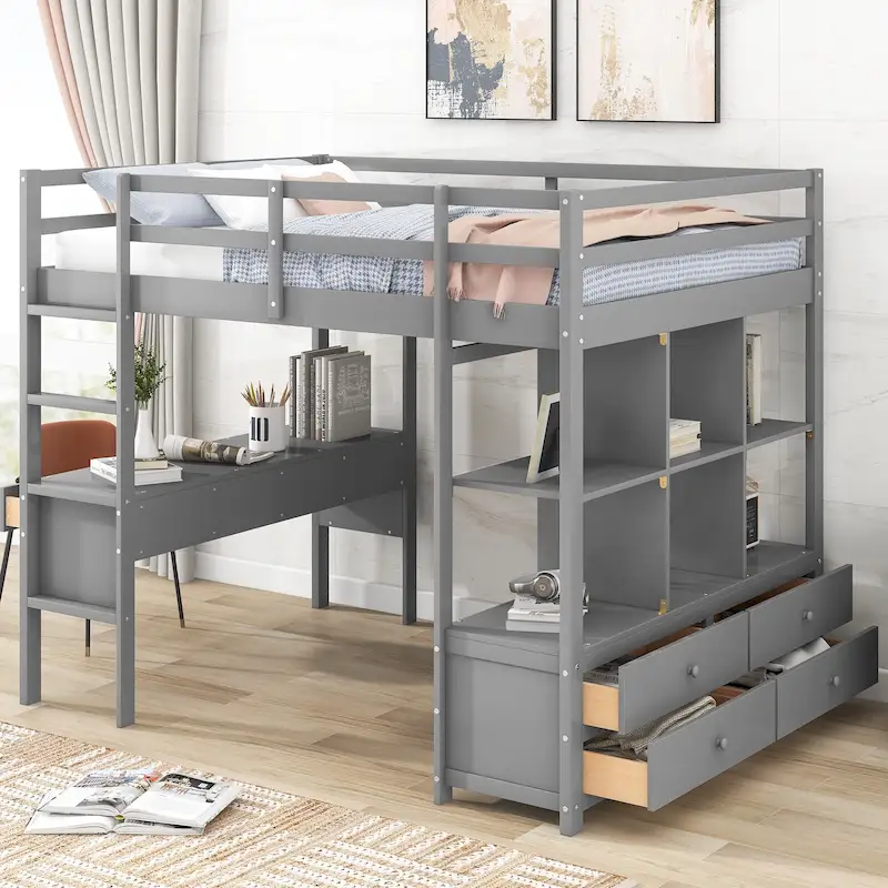 Gray Full Size Pine Loft Bed with Built-in Desk & Drawers