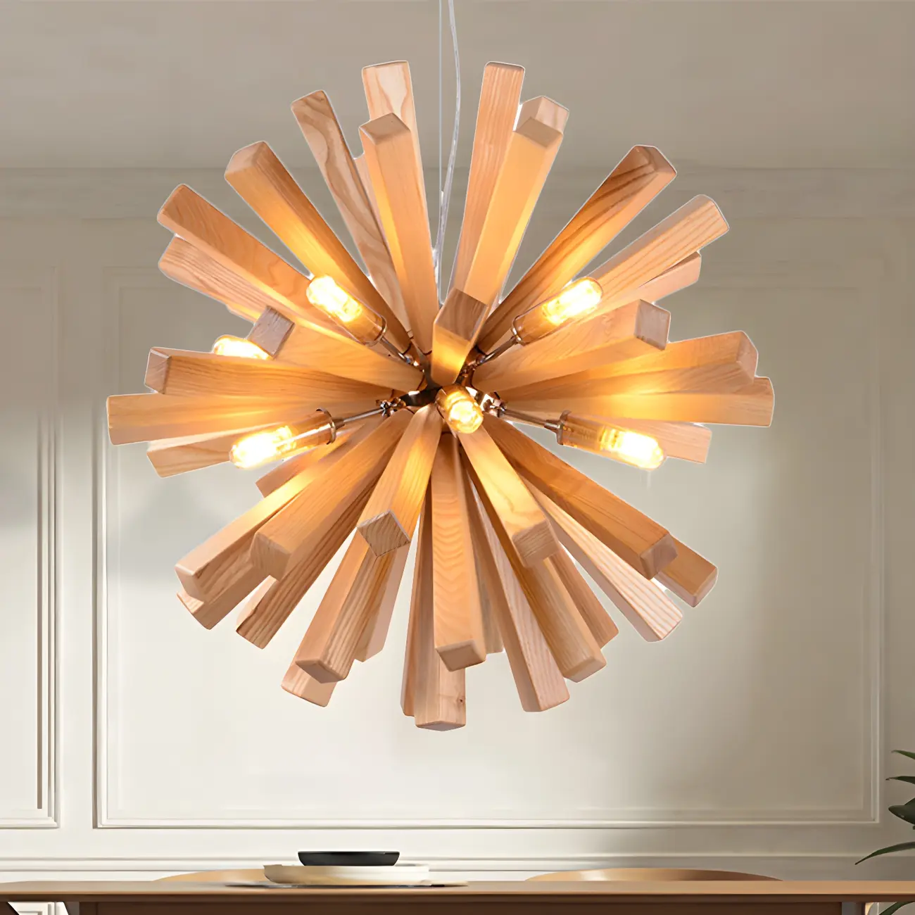 Mid-Century Modern Wood Starburst Chandelier Warm Light