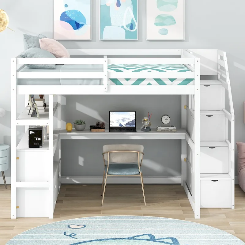 Full Size Loft Bed with Desk and Shelves, Two Built-in Drawers, Storage Staircase