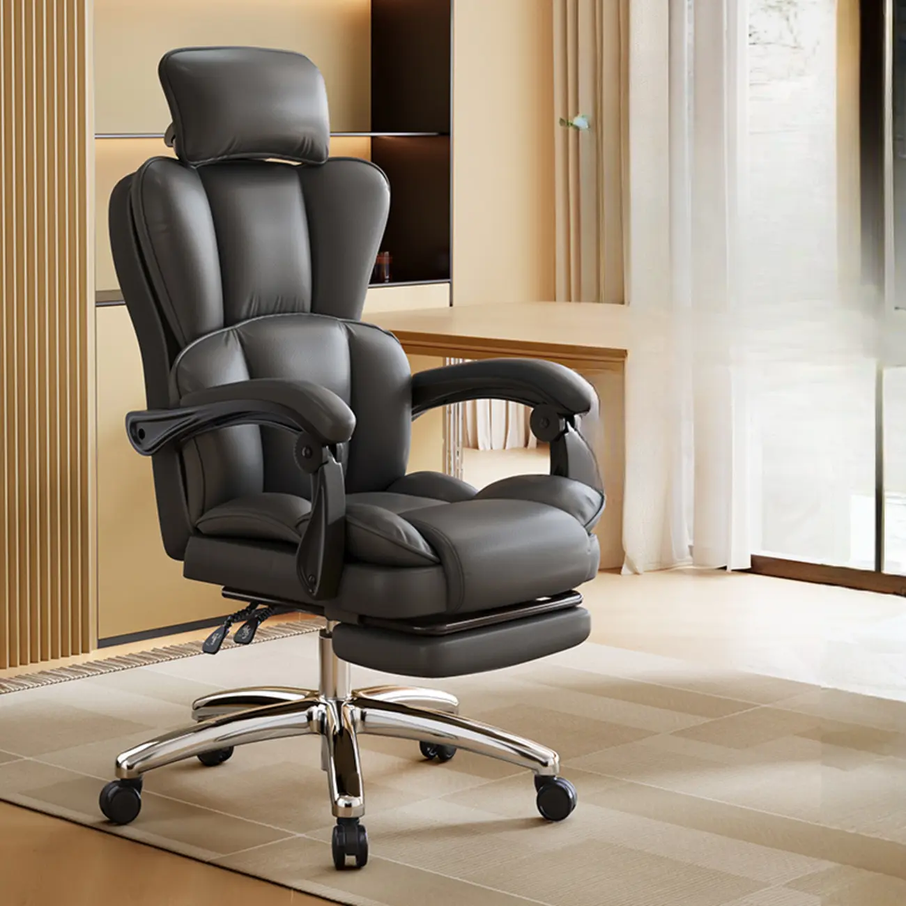 Modern Khaki Leather Adjustable Reclining Office Chair