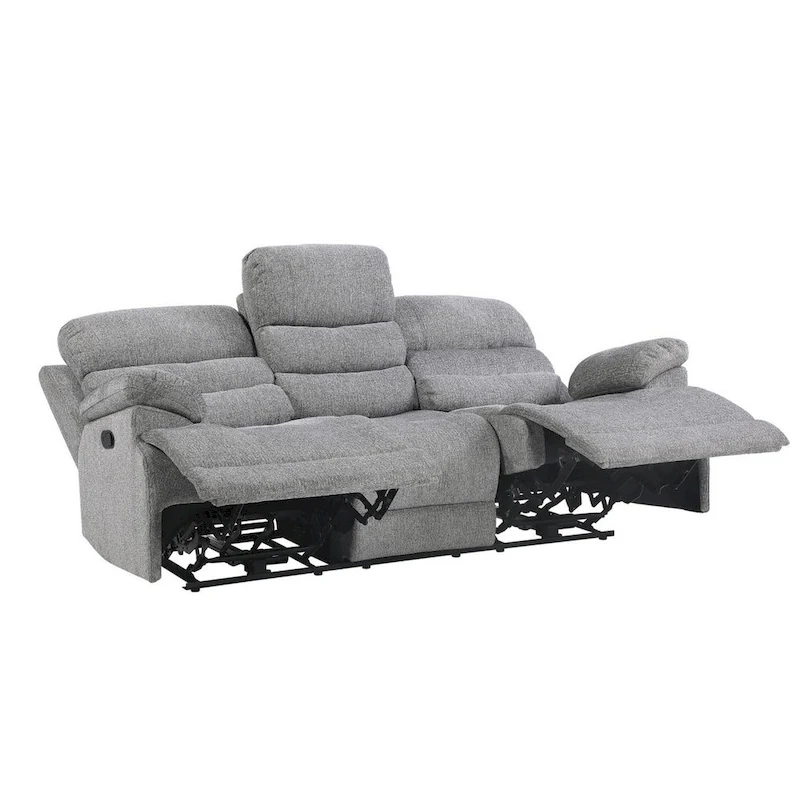 Leena 84 Inch Manual Double Recliner Sofa, Gray Chenille, Solid Wood