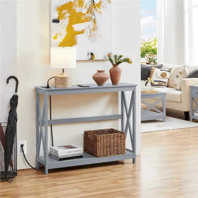 Yaheetech 2-Tier Narrow Sofa Table with Outlet Industrial Long Console Table