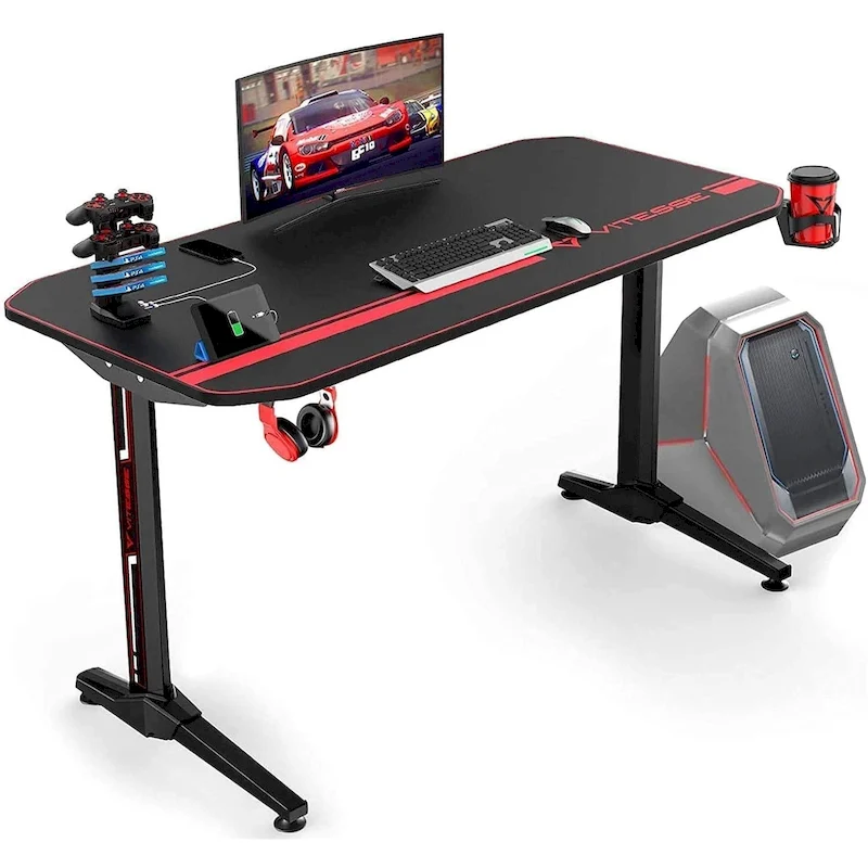 BOSSIN Ergonomic Gaming Desk T-Shaped Office PC Computer Desk with Full Desk Mouse Pad, Handle Rack, Cup Holder Headphone Hook