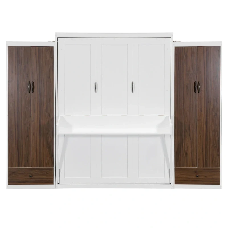 Queen Size Murphy Wall Bed with Wardrobe, Drawers and Fold-Down Desk