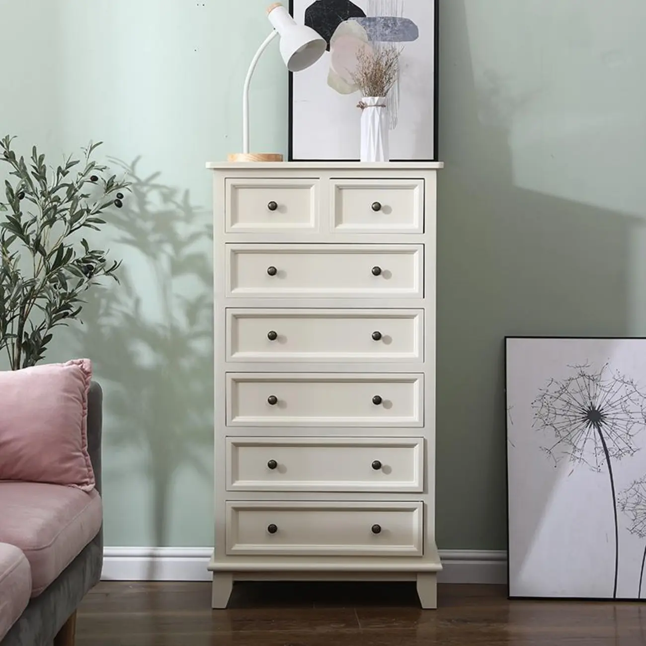 Elegant Wooden 9-Drawer White Dresser with Metal Handle