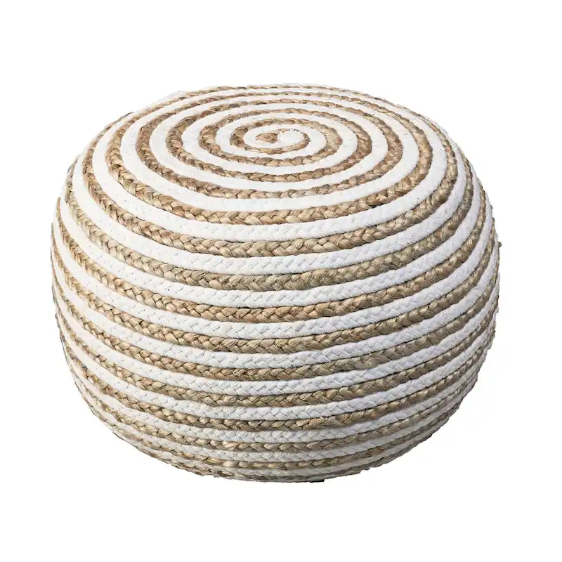 20 Tan and White Two Tone Hand Knitted Round Pouf Ottoman