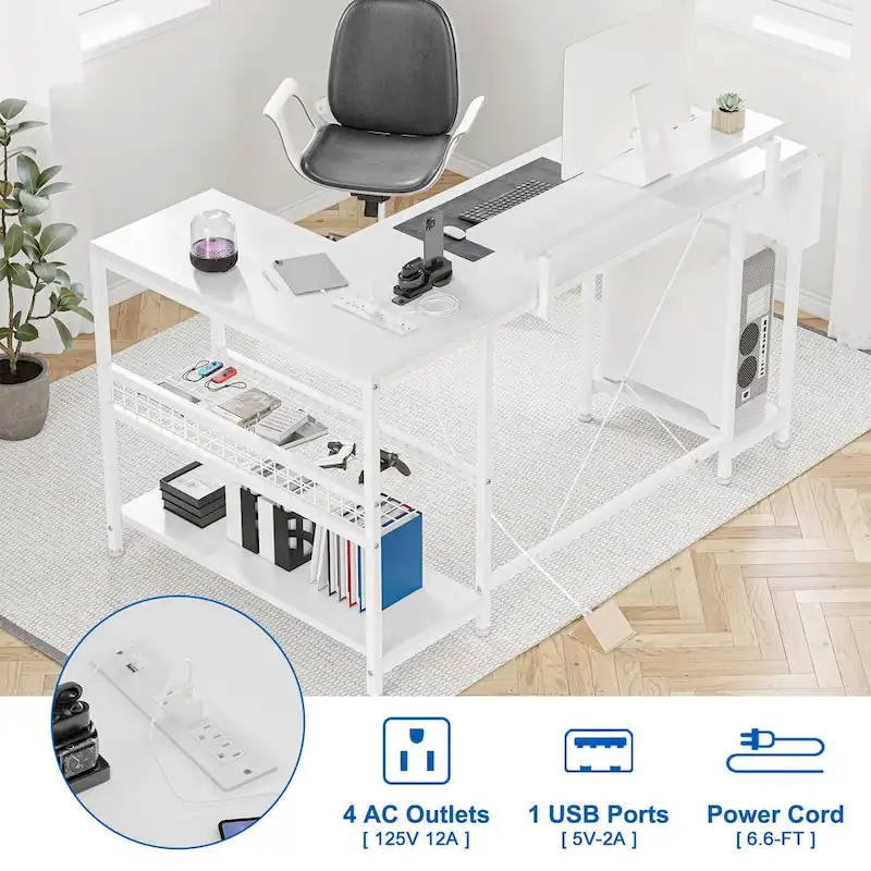 Modern L Shaped Computer Desk with Power Outlets & LED Light