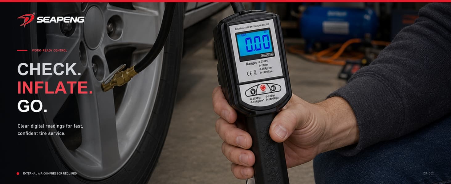 Digital tire inflator gauge with backlit LCD screen and four pressure units