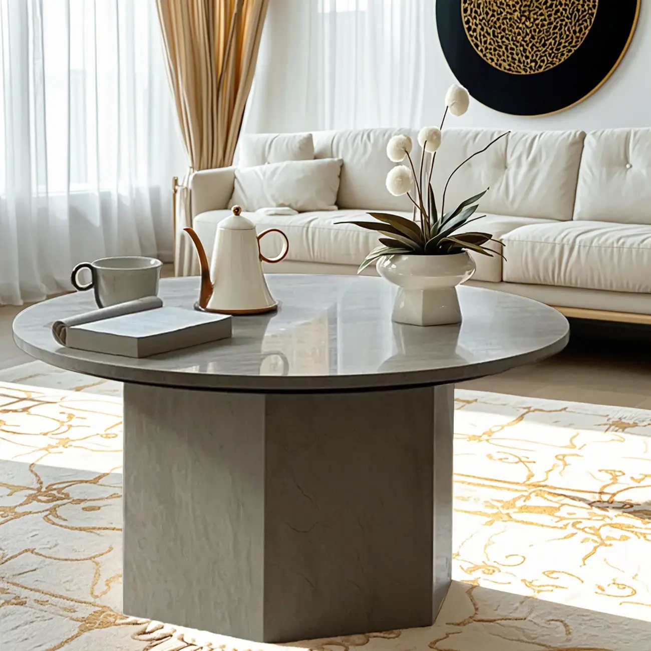 Modern Travertine Round Beige Coffee Table with Small Space