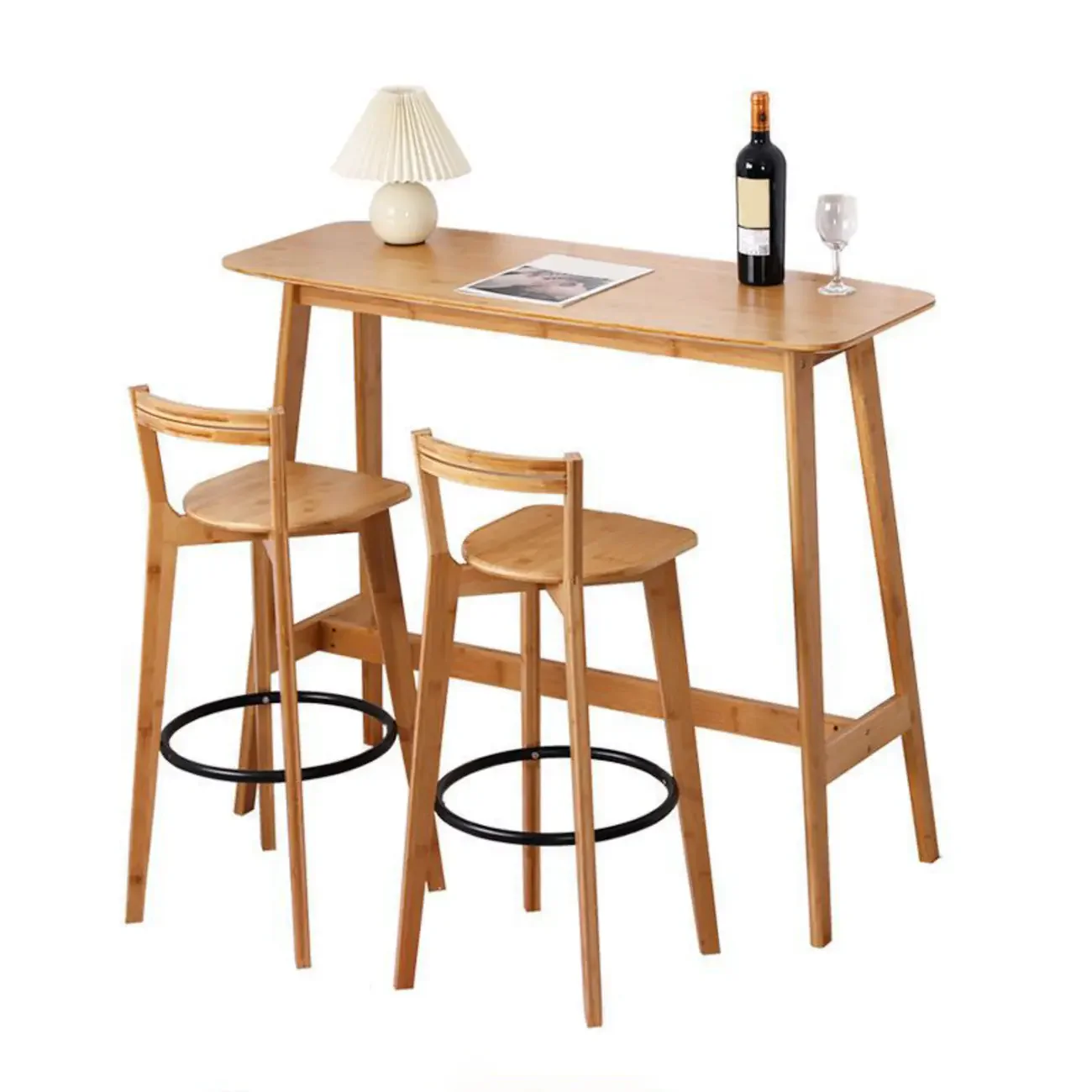 Modern Bamboo Bar Set with Footrest Stools