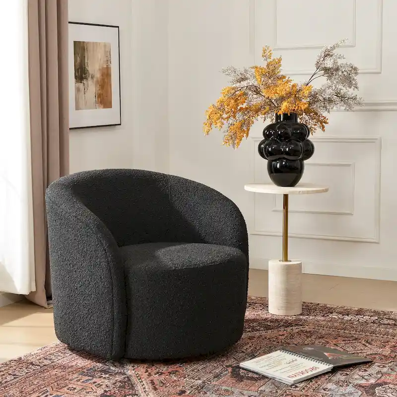 KINWELL 34 W Upholstered Boucle Swivel Barrel Accent Chair
