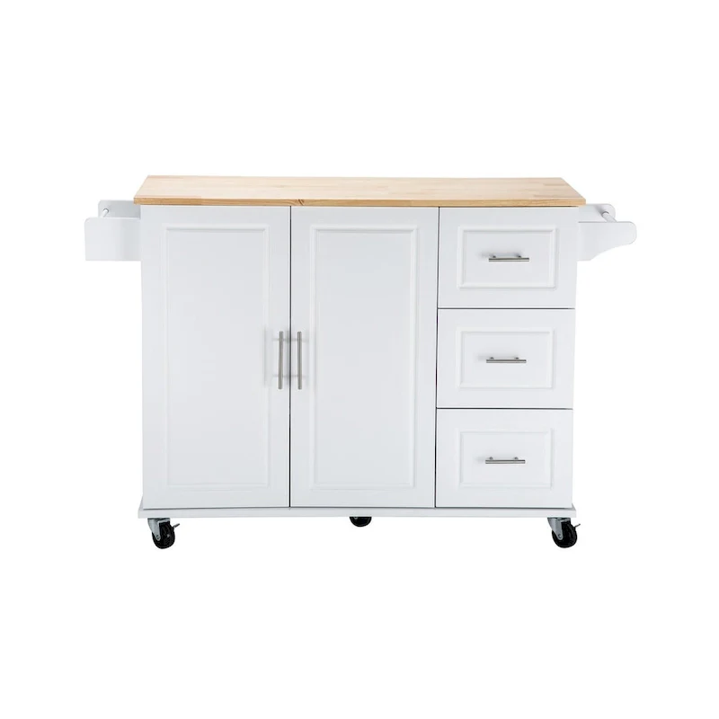 Mobile Kitchen Island & Kitchen Cart,With Extendable Rubber Wood Top and 3 Drawers - 53.93  (L) x 17  (W) x 36.22  (H
