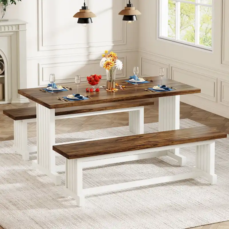 47 Inches Farmhouse Wood 3-piece Small Dining Table with 2 Benches - N/A