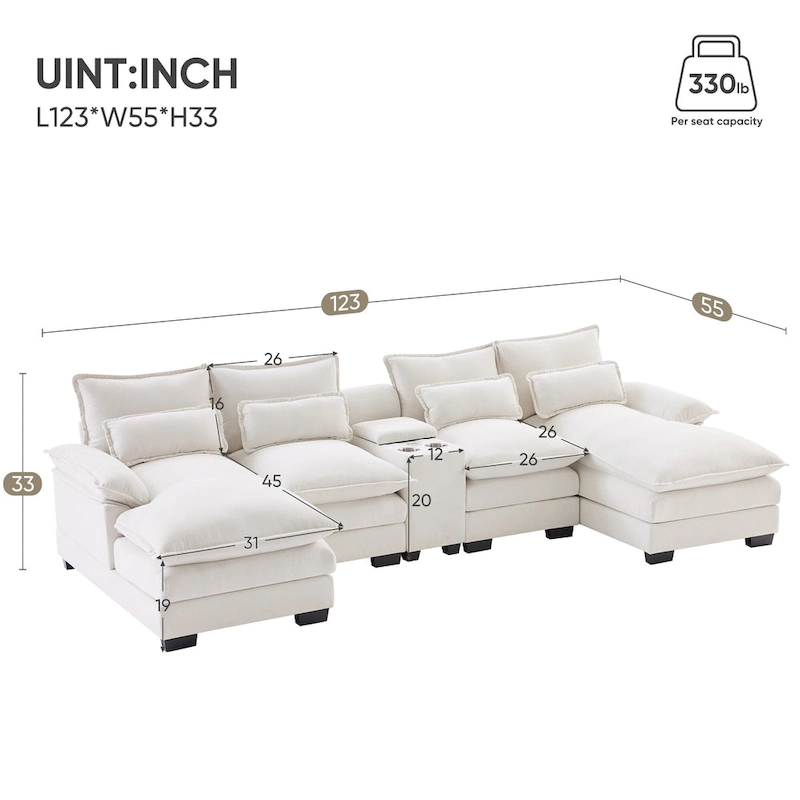 Modern U-shaped Cloud Sectional Couch, Convertible Sleeper Couch