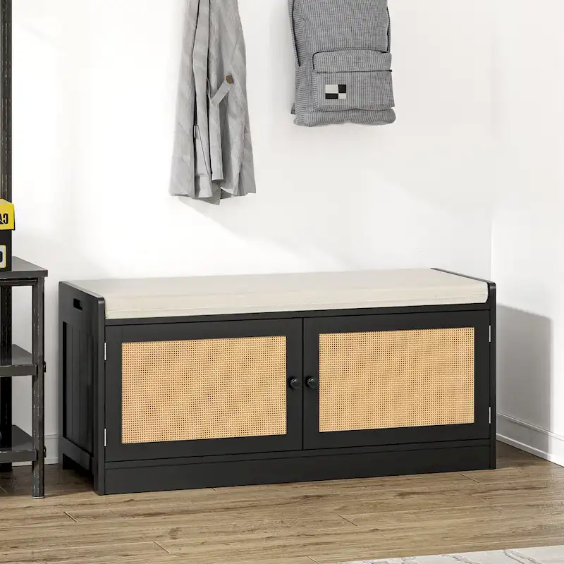 Shoe Storage Bench with Cushion, MDF & Rattan, 2 Doors & Adj. Shelves, 39.8"W, 200 lbs, Black