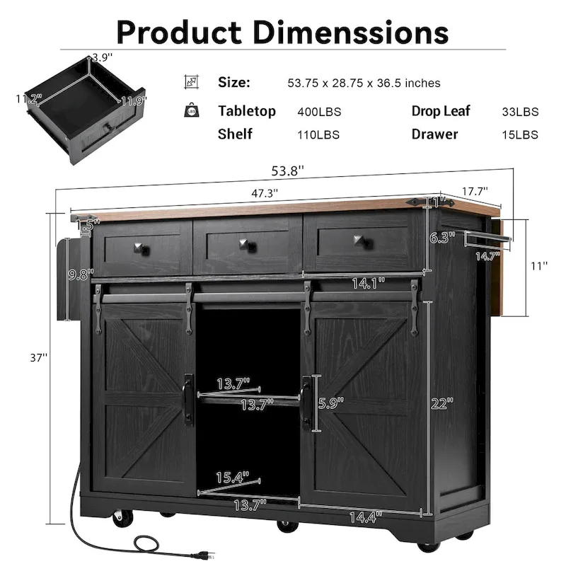 53.7 Farmhouse Kitchen Island with Power Outlet