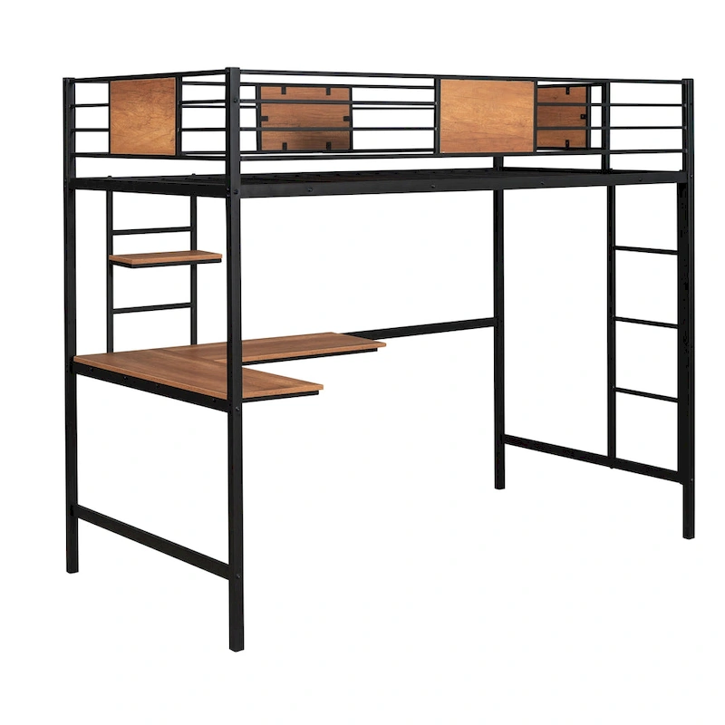 Black Twin Metal Loft Bed with Desk & Shelf