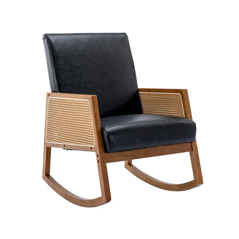 SEYNAR Modern PU Leather Rocking Chair with Rattan Arms