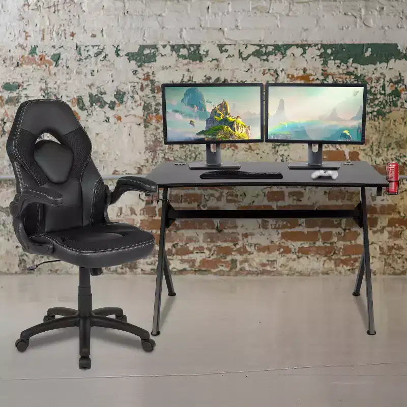 Flash Furniture Gaming Desk and Racing Chair Set with Cup Holder, Headphone Hook & 2 Wire Management Holes